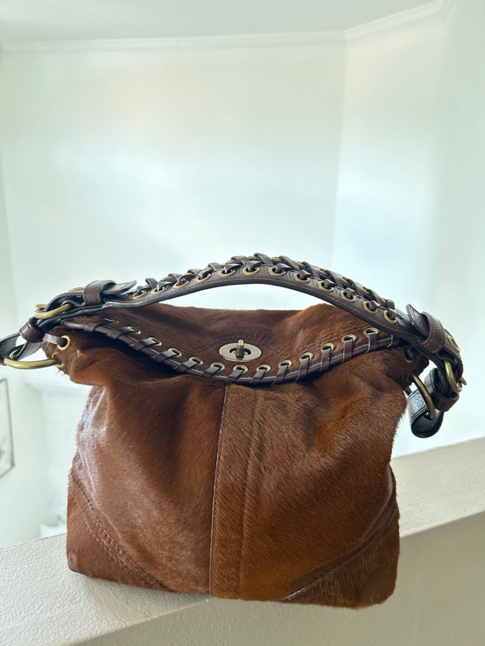 COACH Brown Leather & Haircalf Shoulder Bag